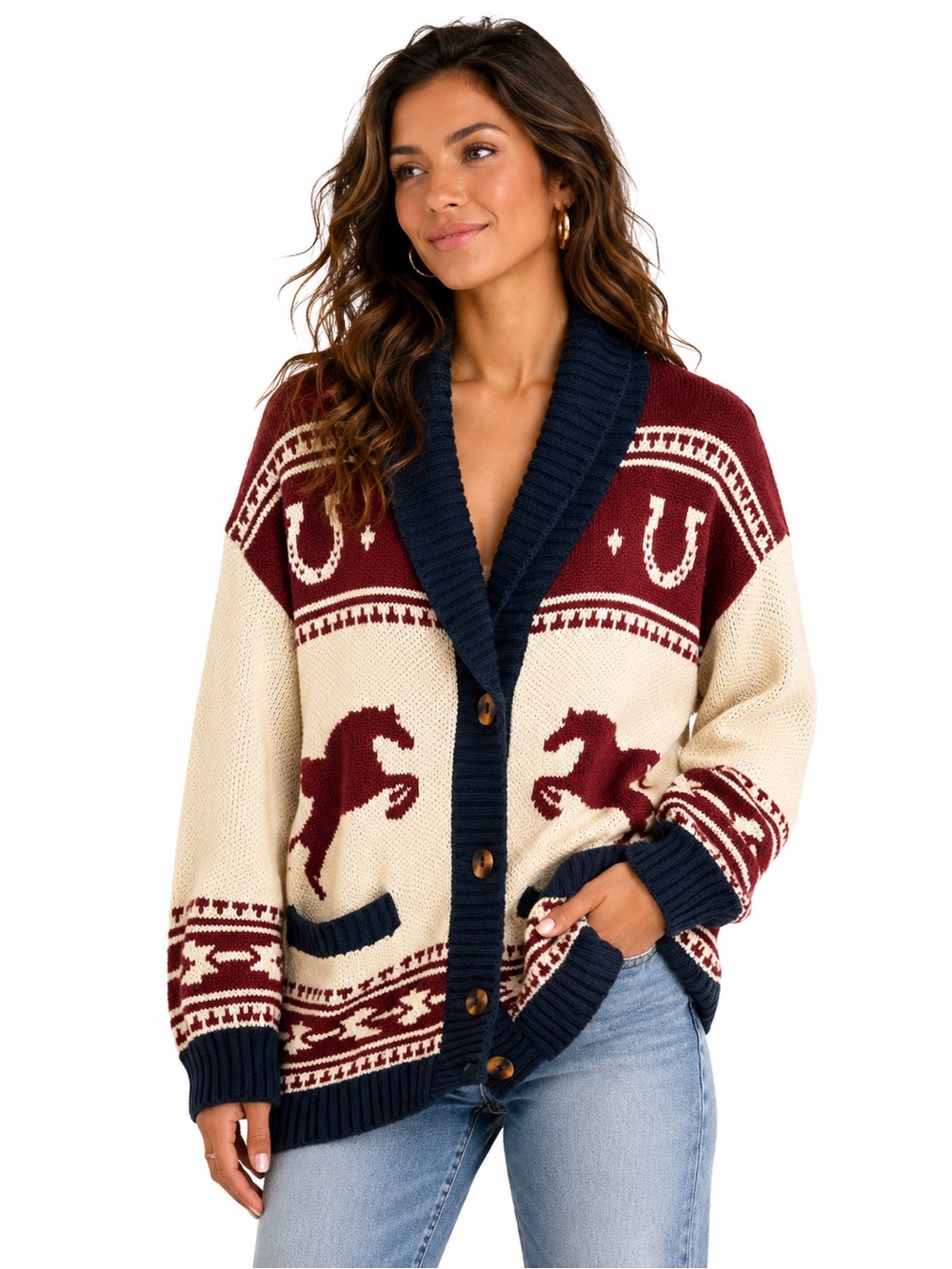 890.New Collar Button-Front Horse Motif Cardigan Sweater oversized
